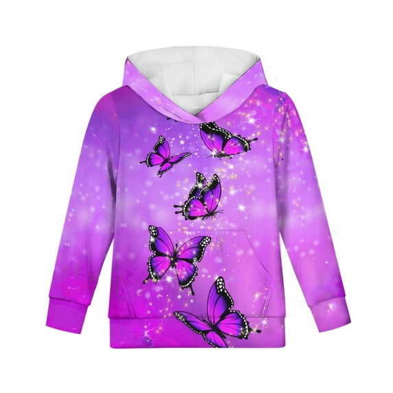Xoenoiee Girls Hoodies with Front Kangaroo Pocket Pullover Hoodies Hooded Sweatshirt Fall Winter Clothing for Kids Hiking Running Traveling, Butterfly Star Purple Pattern, XL