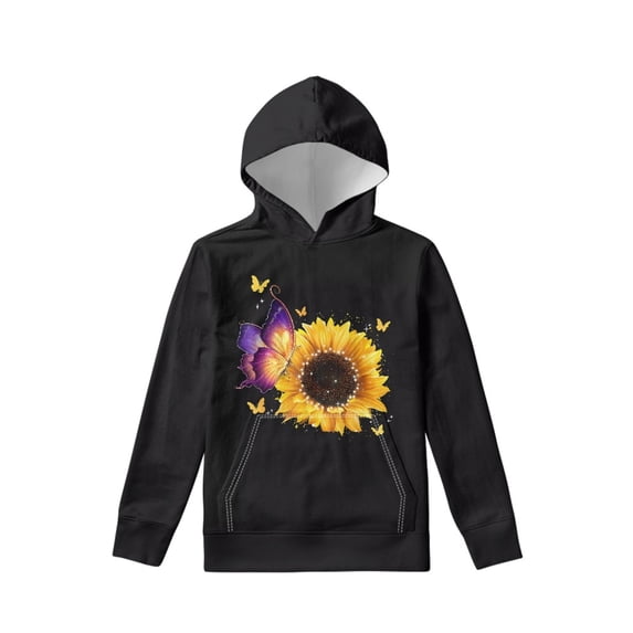 Xoenoiee Girls Hoodies Hooded Sweatshirt Pullover Hoodies Long Sleeve Tops for Fall Winter Cosy Athleticwear with Kangaroo Pocket for Workout Travel, Floral Sunflower Butterfly Print, S