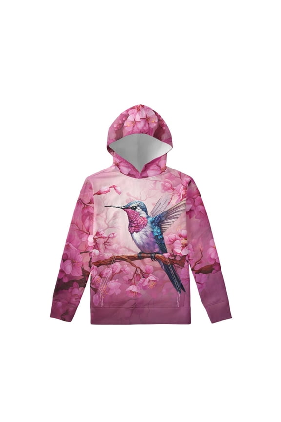 Girls Hoodies Pullover Hoodies Long Sleeve Hooded Sweater Fall Winter Tops with Kangaroo Pocket for Kids Traveling Running Hiking, Floral Peach Blossom Hummingbird Print, XL