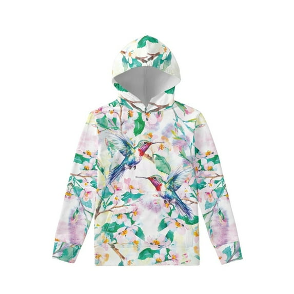 Xoenoiee Girls Hoodies Retro Hummingbird Peach Blossom Pattern Pullover Cosy Fashion Hooded Top Sportwear for Kids with Long Sleeve and Front Kangaroo Pocket, XL