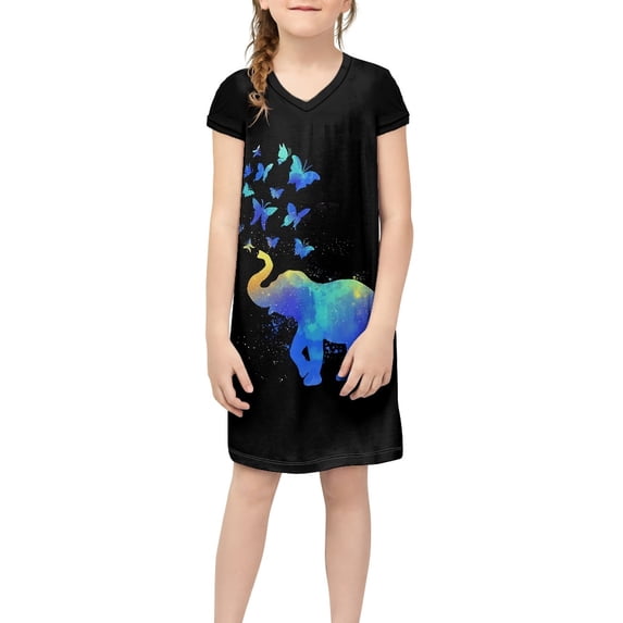 Xoenoiee Girls Kids Tees Dress Elephant Butterfly Pattern Jersey Cover Ups Casual Short Sleeve V Neck Dress Swim Coverup Beach T-Shirt Dress, Size 7-8 Years