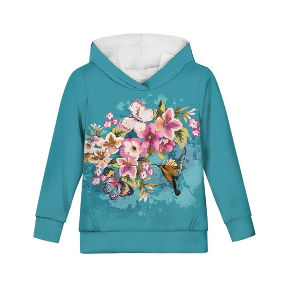 Xoenoiee Girls Sweatshirt Pullover Hoodies Long Sleeve Hooded Sweater for Kids Fall Winter Clothing with Kangaroo Pocket, Splatter Retro Floral Hummingbird Butterfly Print, M