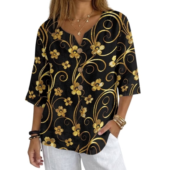 Xoenoiee Golden Cherry Blossom Swirl Print Womens Button Down Shirts 3/4 Sleeve Linen Style V Neck Button Up Casual Blouses T Shirt Loose Tops, Size L
