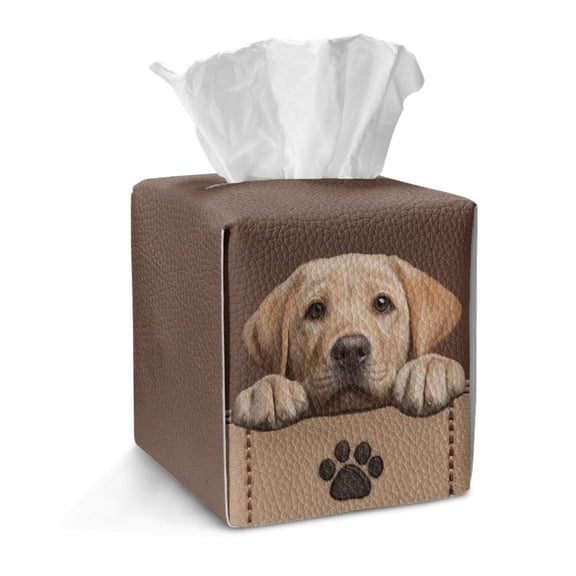 Xoenoiee Golden Retriever Dog Paw Print Tissue Box Cover Square PU Leather Tissue Box Cover Holder with Bottom Snap Decorative Organizer for Tabletop, Bathroom, Car, Office, Kitchen