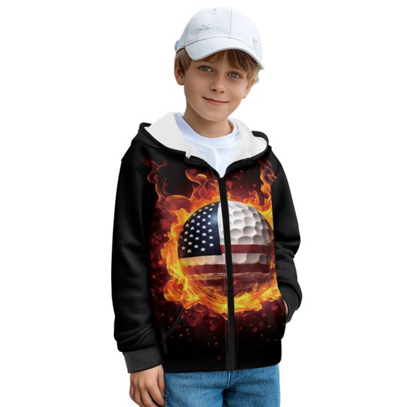 Xoenoiee Golf Fire American Flag Print Fleece Full Zip Hoodies for Kids Boys Activewear Autumn Winter Long Sleeve Hooded Sweatshirt Lightweight Hooded Jacket Sports Shirt with Pocket, S
