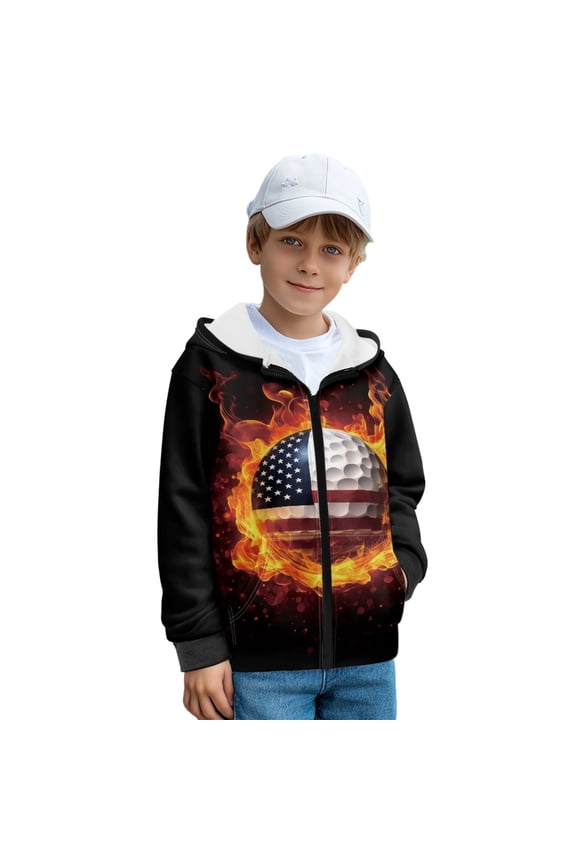 Golf Fire American Flag Print Fleece Full Zip Hoodies for Kids Boys Activewear Autumn Winter Long Sleeve Hooded Sweatshirt Lightweight Hooded Jacket Sports Shirt with Pocket, XL