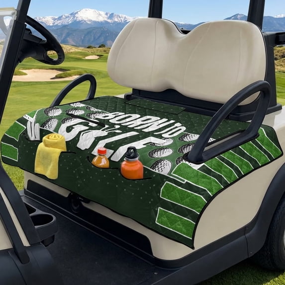 Xoenoiee Golf Grassland Print Golf Cart Seat Towel Blanket with 4 Pockets for All Weather, Born To Golf Design Non-Slip Golf Cart Seat Cover Compatible with EZGO, Club Car and More 2-Seat Golf Carts