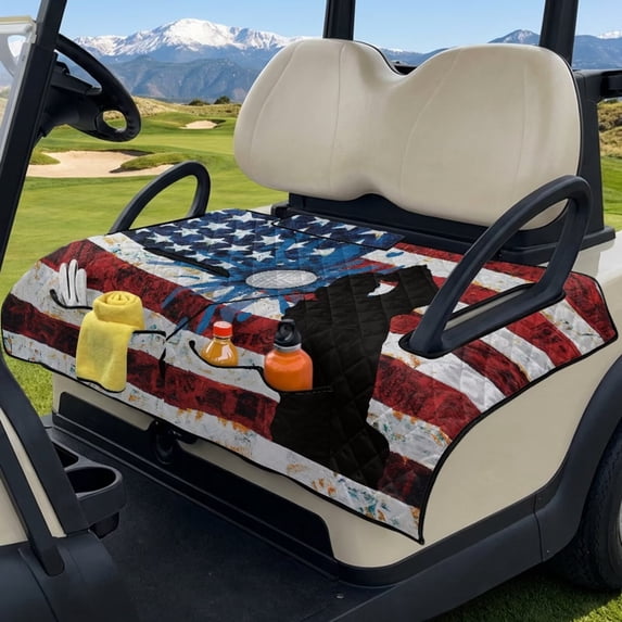 Xoenoiee Golf Paint Splatter American Flag Print Golf Cart Seat Covers, Golf Cart Seat Towel Blanket with 4 Front Pockets for Most Golf Carts Fits for EZGO, Club Car, Yamaha and More, Easy to Clean