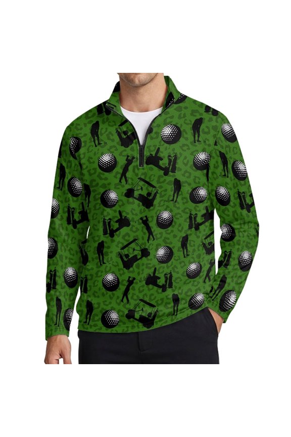 Golf Sightseeing Vehicle Leopard Print Long Sleeve Golf Shirt for Men Zip Up Tennis T-Shirts Lightweight Quick Dry Tops Polo Shirts Outfits Golf Clothes with Collar for Gym Workout, S