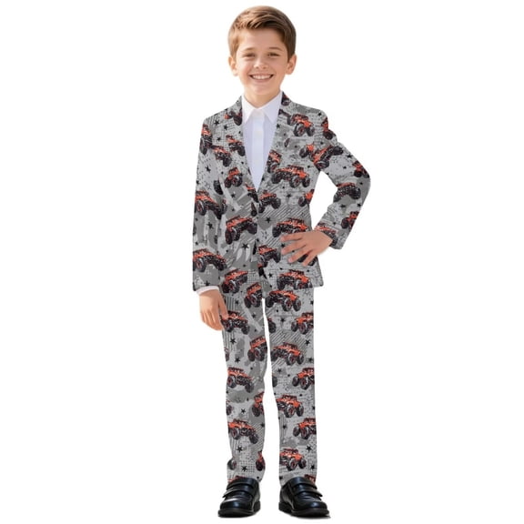 Xoenoiee Gray Tractor Star Print Boys' Formal Suit 2 Piece Set Blazer Set Toddler Tuxedos for Wedding, Suits for Teens Boy Dress School Clothes, 13-14 Years