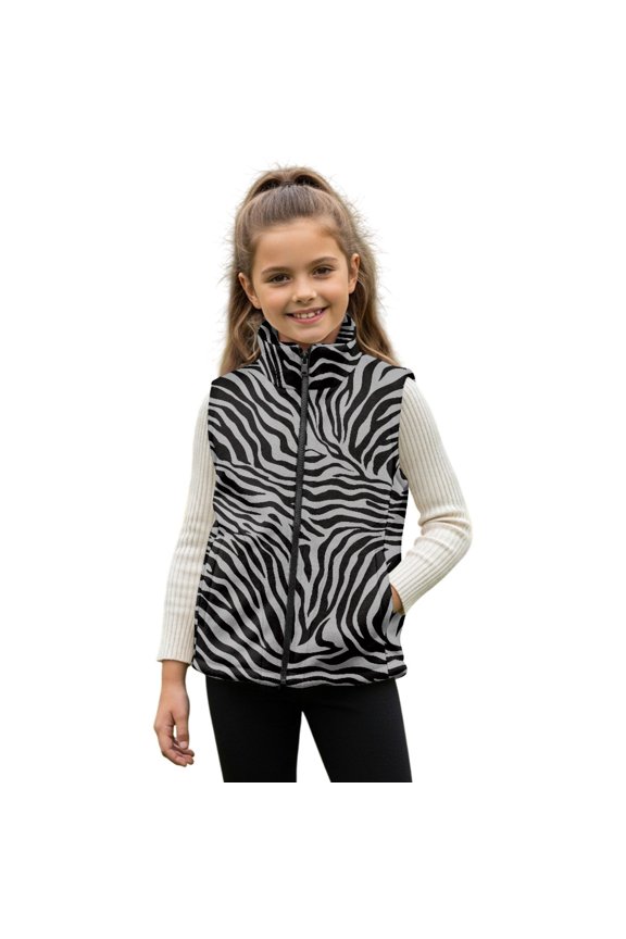 Gray Zebra Stripe Print Toddler Boys Girls Fleece Vest Coat Warm Sleeveless Jacket Zip up Polar Fuzzy Waistcoat Fall Winter, Size 4T