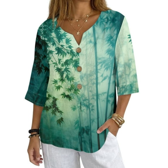 Xoenoiee Green Bamboo Leaves Print Linen Shirts for Women Summer 3/4 Sleeve Button Down Blouse Lightweight Gauze Loose Casual Fashion Shirt Clothes, 4XL