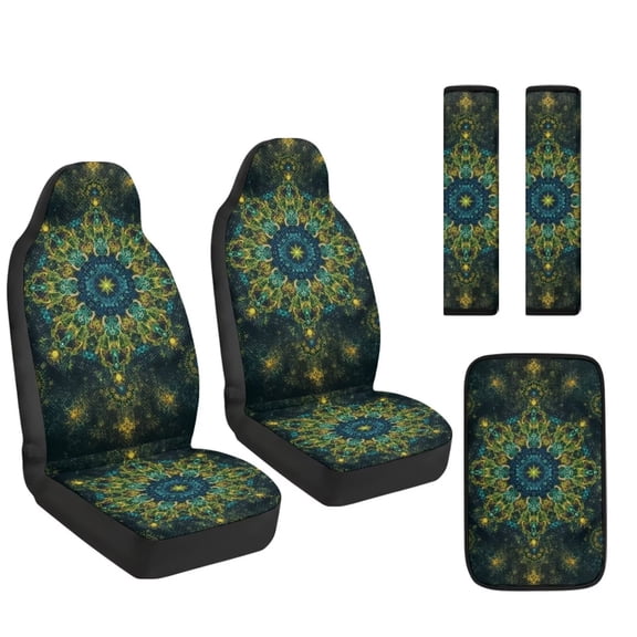 Xoenoiee Green Boho Mandala Flower Pattern 5 Pieces Car Accessories Set PU Leather Auto Front Seat Covers, Seat Belt Covers and Armrest Cover, Universal Fit for Cars SUVs and Trucks