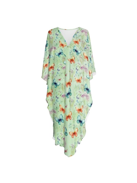 Green Butterfly Flower Pattern Women's Plus Size Loose Fit V-Neck Batwing Kaftan Maxi Beach Dress Bathing Suit Caftan Cover Up Loungewear Resort Wear