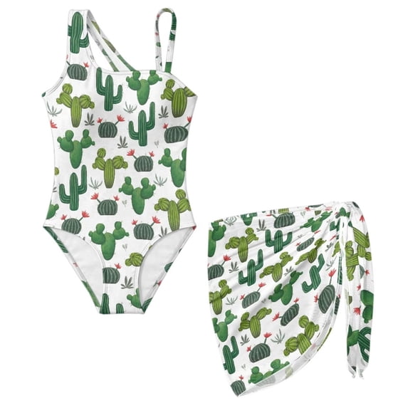 Xoenoiee Green Cactus Print Girls Swimsuit with Cover Up Skirt One Piece Teen Bathing Suit Removable Bra Swimwear with Pad for Summer Holiday Party, Size 13-14 Years