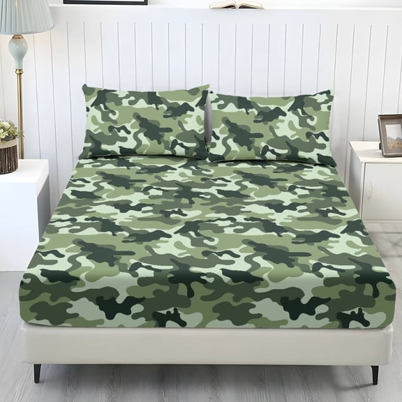 Xoenoiee Green Camo Pattern Fitted Sheet Set, Bed Sheet Set Sheets for Boys Girls 3 Pieces Bedsheet, 1 Fitted Sheet and 2 Pillowcases, No Flat Sheet, King Size