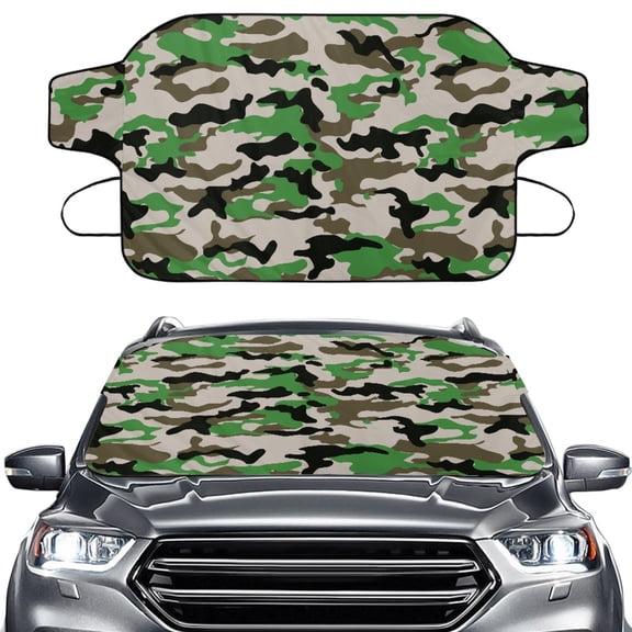 Xoenoiee Green Camo Print Windshield Cover for Ice and Snow, Waterproof Frost Ice and Snow Easy Installation with Straps All-Weather Fit for Cars SUVs