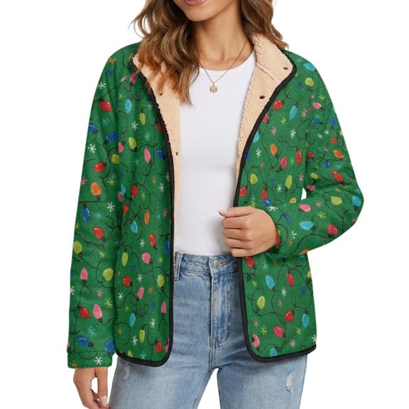 Xoenoiee Green Christmas Light Snowflake Print Womens Button Down Fuzzy Fleece Jackets Cozy Sherpa Sweater Xmas Teddy Fluffy Warm Winter Coats with Pockets, Fall Outfits for Travel Vacation, S