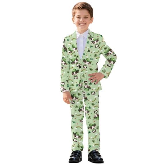 Xoenoiee Green Cow Hat Shamrock Rainbow Heart Print Boys Slim Fit Suits for Boys St. Patrick's Day Suit Set Dresswear Ring Bearer Outfit Kids Suits Wedding Dress, Size 6-7 Years