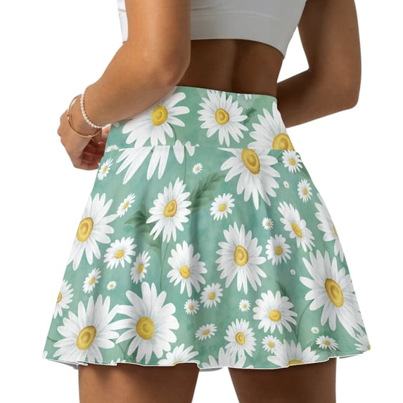 Xoenoiee Green Daisy Flower Print Athletic Tennis Golf Skorts Skirts for Women with Pocket Casual Workout Running Sports Pleated Skirts Plus Size, L