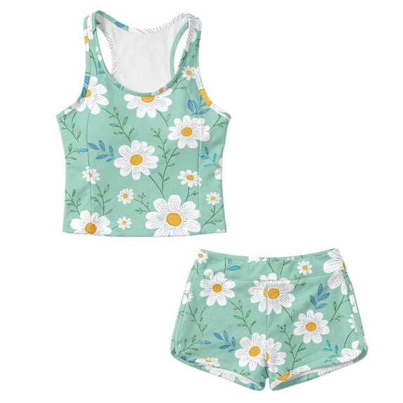 Xoenoiee Green Daisy Flower Print Girls Swimsuits Sets Two Piece Tankini Bathing Suits Sleeveless Backless Tank Tops Bra with Shorts Beach Outfits, Size 12-13 Years
