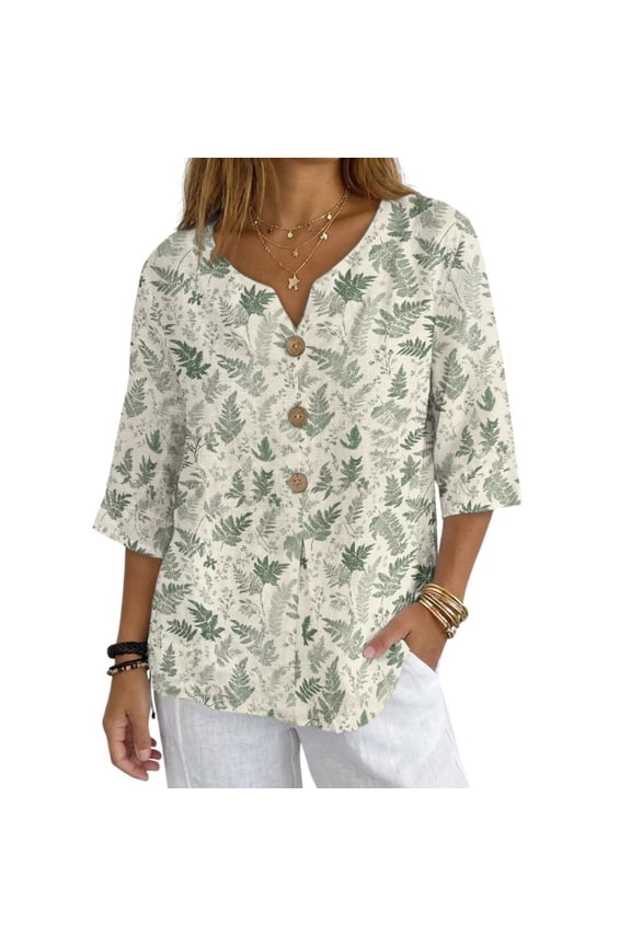 Green Ferns Leaves Print Women's Vintage Linen Tops 3/4 Sleeve Boho Summer Graphic Tees Tunic Shirts Casual Loose Button Blouses, Size 3XL