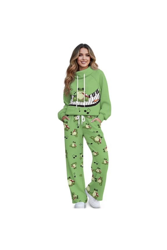 Green Frog Music Note Print Women's 2 Piece Outfits Lounge Set 2026 Oversized Long Sleeve Sweatshirt Wide Leg Sweatpant Set Sweatsuit Tracksuit, XS