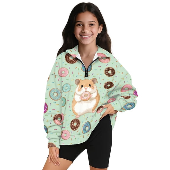 Xoenoiee Green Guinea Pig Donut Print Girls Fall Sweatshirt Casual Half Zip Pullover Loose Long Sleeve Tops Lightweight Tunic Tops, Size 7-8 Years