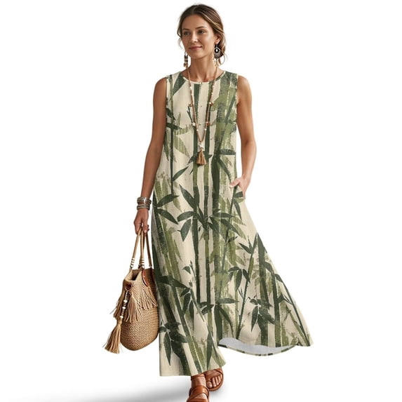 Xoenoiee Green Leaf Ink-Wash Print Linen-Like Maxi Dress Summer Dresses 2026, Beach Vacation Clothes Sleeveless Sundresses with Pockets, Breathable Boho Outfits for Travel Holiday Party, Size M
