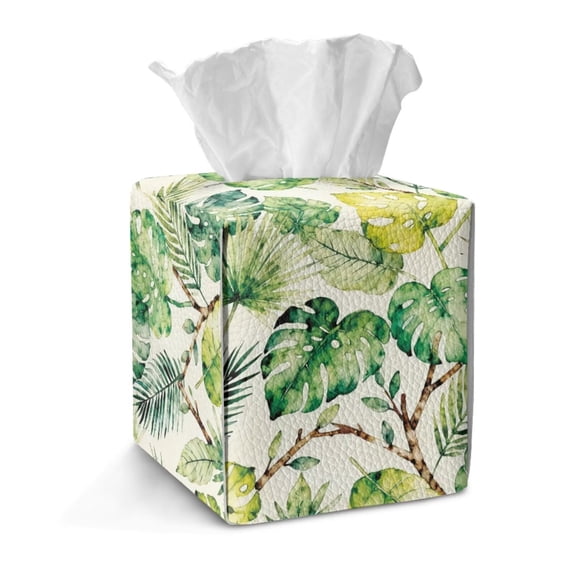 Xoenoiee Green Monstera Palm Leaf Print Tissue Box Cover PU Leather, Square Facial Tissue Holder, Cube Napkin Dispenser Accessories for Vanity Toilet Night Stand Table Countertop Office Car