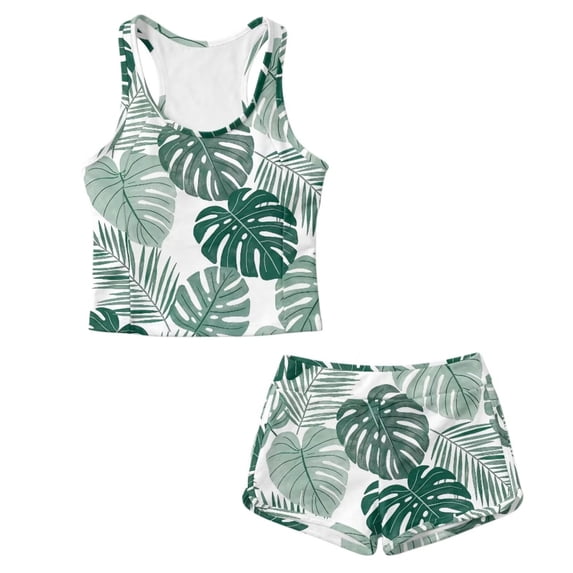 Xoenoiee Green Monstera Palm Leaves Print Girls Tankini Swimsuits with Boy Shorts 2 Piece Swim Suits 2026 Round Neck Bathing Suit Beach Pool Modest Swimwear Beachwear, Size 6-7 Years