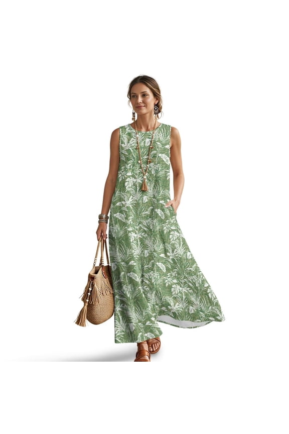Green Palm Leaves Print Summer Dresses for Women 2026, Casual Sleeveless Crewneck Maxi Sundress with Pockets, Cotton Linen Beach Vacation Boho Resort Wear Travel Outfits, Size 3XL