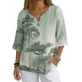 thumbnail image 1 of Xoenoiee Green Pine Tree Print Womens 3/4 Sleeve Tops Cotton Linen Shirts V Neck Lace Casual Loose Fit Blouses Button Down Boho Tees, L, 1 of 7