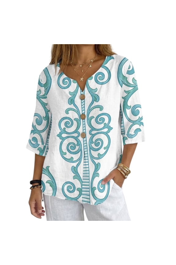 Green Plant Vines Print Womens Casual V Neck Blouse 3/4 Sleeve Loose Fit Tunic Top Button Front Shirts for Work Travel Daily Wear, S