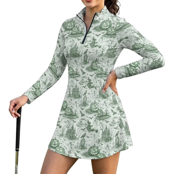 Xoenoiee Green Pumpkin Witch Bat Cross Castle Print Tennis Dress for Women with Shorts, Pockets Halloween Long Sleeve Zip Up Stand Collar Golf Dresses Quick Dry Lightweight Athletic Dress, S