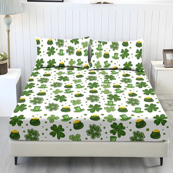 Xoenoiee Green Shamrock Hat Coin Pattern 3-Piece Bedding Set, Fitted Sheet with Pillowcases, Soft Comfort Breathable Bedding Set St. Patrick's Day Decor(1 Fitted Sheet+2 Pillowcases), Twin Size