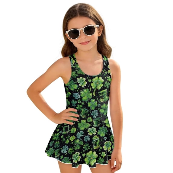 Xoenoiee Green Shamrock Hat Print Girls One Piece Swimsuit with Skirt Ruched Ruffle Swimwear St. Patrick's Day Tummy Control Swim Dress Sleeveless Bathing Suit, Size 3-4 Years