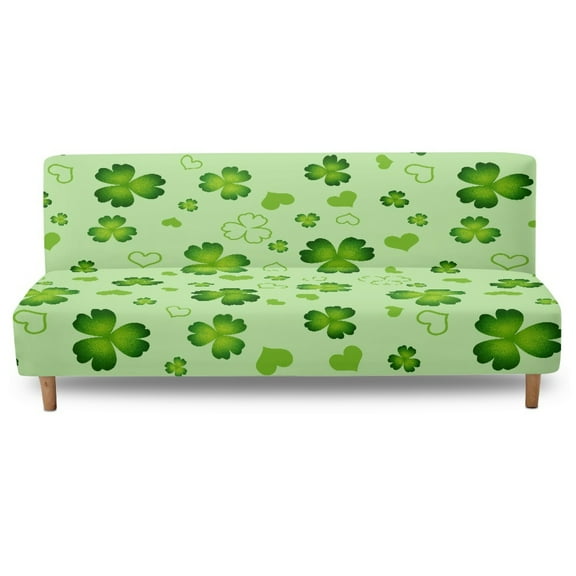 Xoenoiee Green Shamrock Heart Pattern Armless Futon Cover Super Stretch Futon Sofa Bed Slipcover St. Patrick's Day Decor with Non-Slip Elastic Bottom, Universal Sofa Mattress Covers Full Queen Size