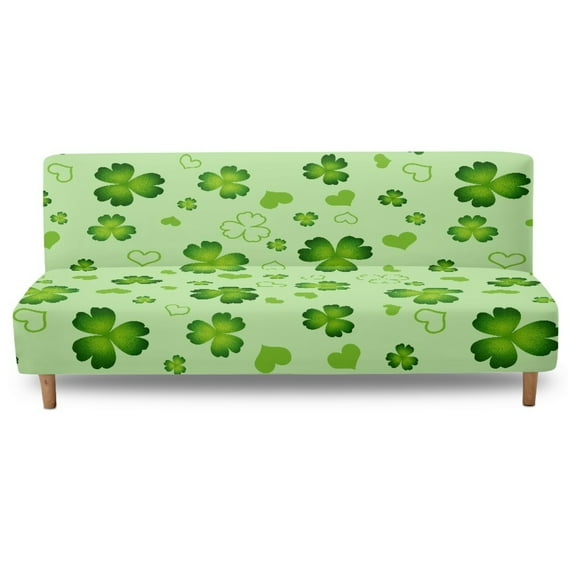 Xoenoiee Green Shamrock Heart Pattern Armless Futon Cover Super Stretch Futon Sofa Bed Slipcover St. Patrick's Day Decor with Non-Slip Elastic Bottom, Universal Sofa Mattress Covers Full Queen Size