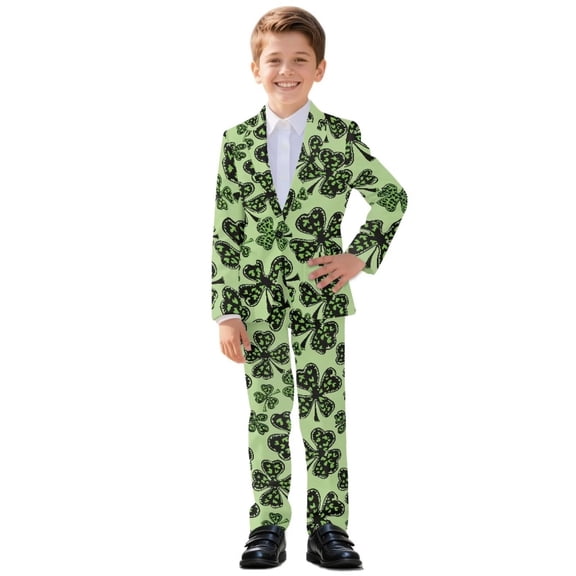 Xoenoiee Green Shamrock Heart Print Boys Suits Set 2 Pieces Slim Fit Suit Formal Kids Suit St. Patrick's Day Toddlers Teen Youth Tuxedos Suit, Size 9-10 Years