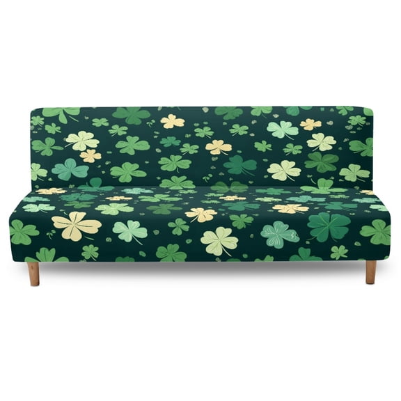Xoenoiee Green Shamrock Heart Print Stretch Futon Slipcover Armless Futon Bed Cover Furniture Protector Without Armrests with Elastic Bottom for Kid, Soft Armless Futon Cover St. Patrick's Day Decor
