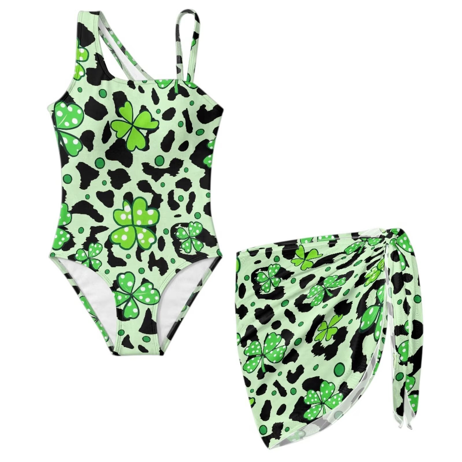 Xoenoiee Green Shamrock Leopard Pattern Girls Swimsuits Kids Bathing ...