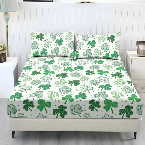 Xoenoiee Green Shamrock Polka Dot Print Fitted Sheet Set 3-Piece Deep Pocket, St. Patrick's Day Anti-Slip Bed Sheets with 2 Pillowcases, Wrinkle-Free Easy Care, No Flat Sheet Included, King Size