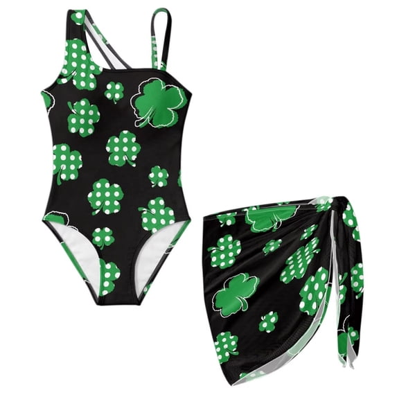 Xoenoiee Green Shamrock Polka Dot Print Girl's One Piece Swimsuits St. Patrick's Day Cutout One Shoulder Bathing Suit with Mesh Cover Up 1 Piece Swimsuit Girls' Swimwear, Size 17-18 Years