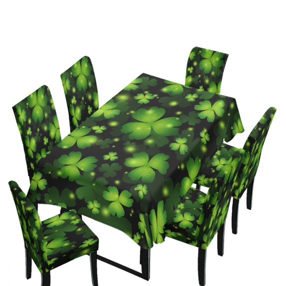 Xoenoiee Green Shamrock Print Chair Covers Set of 6 and Table Cloth, Stretch Chair Slipcovers Table Cloth St. Patrick's Day Decor, Washable Removable Chair Protector Chair Covers for Dining Room