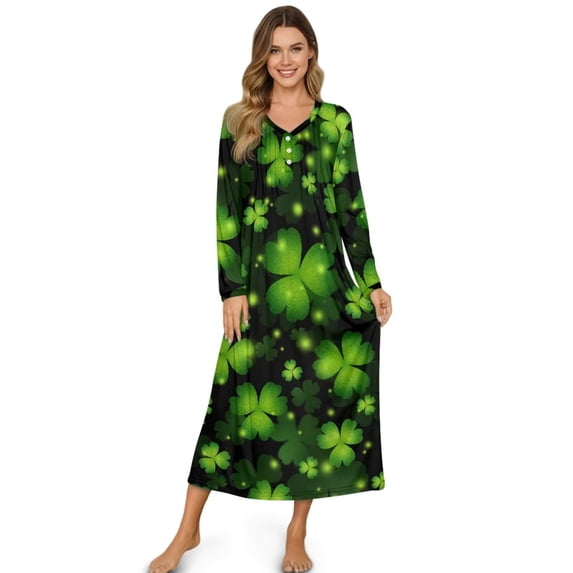 Xoenoiee Green Shamrock Print Nightgowns for Women House Dress Button Down Sleepshirt Moo Moos St. Patrick's Day Long Sleeve Nightshirt Housecoat, Size 3XL