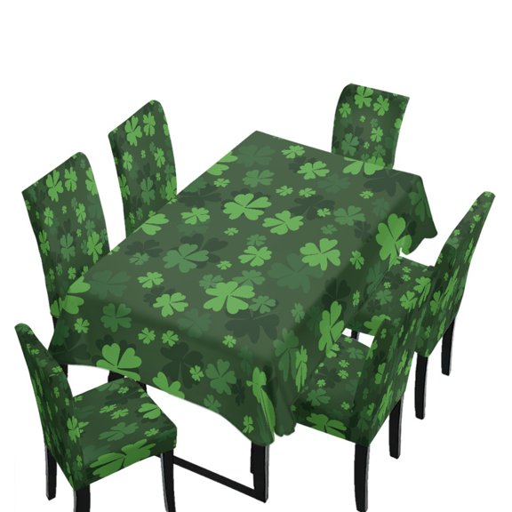 Xoenoiee Green Shamrock Print Tablecloth Chair Cover Set, Washable Table Cloth with Parsons Chair Slipcovers Protective Set of 6 for Home Restaurant Banquet St. Patrick's Day Decoration (7 PCS)