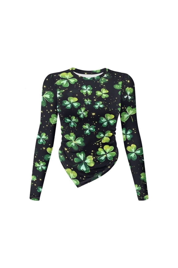 Green Shamrock Star Print Women's T Shirt Long Sleeve Asymmetrical Hem Ruched Fitted Tee Tops St. Patrick's Day Y2k Clothes Fall Winter Outfits for Women, M