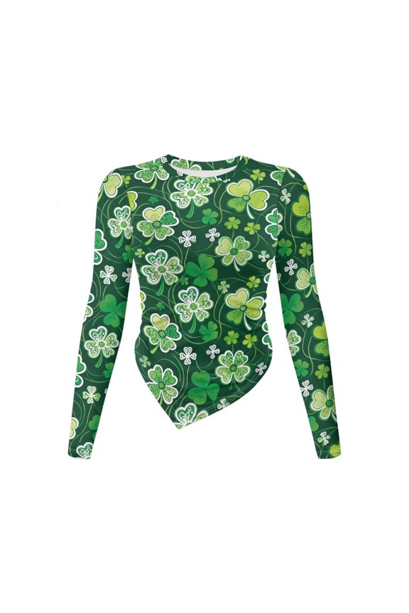 Green Shamrock Swirl Print Women's Long Sleeve Ruched Tops Slim Fit T-Shirt St. Patrick's Day Irregular Hem Ruched Round Neck Going Out Shirts Fall Clothes, M