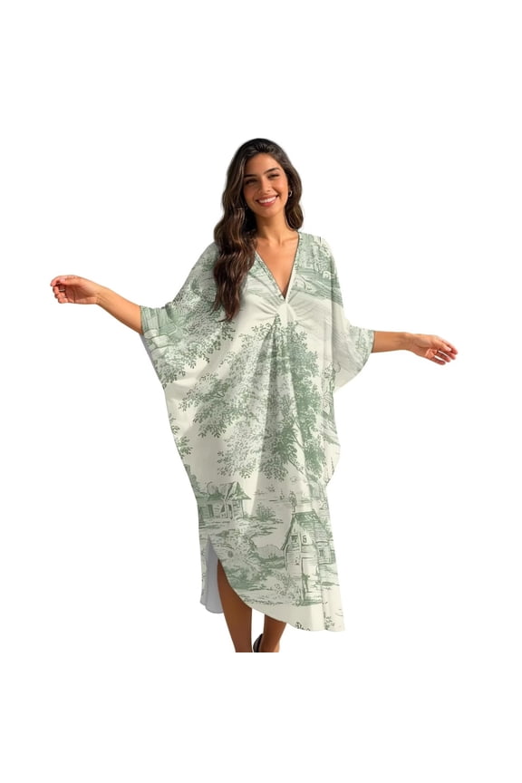 Green Toile De Jouy House Print Women’s Kaftan Beach Cover Up Dress Plus Size Summer Caftan V-Neck Swimsuit Loungewear Maxi Dress with Side Slits